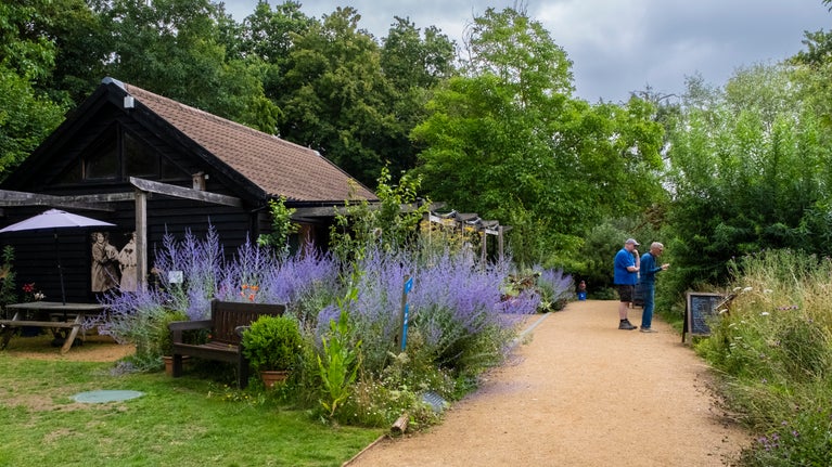 Two men standing on a path in the wildlife garden at Flatford